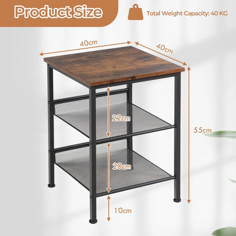 3-Tier Industrial End Table with Mesh Shelves and Adjustable Shelves