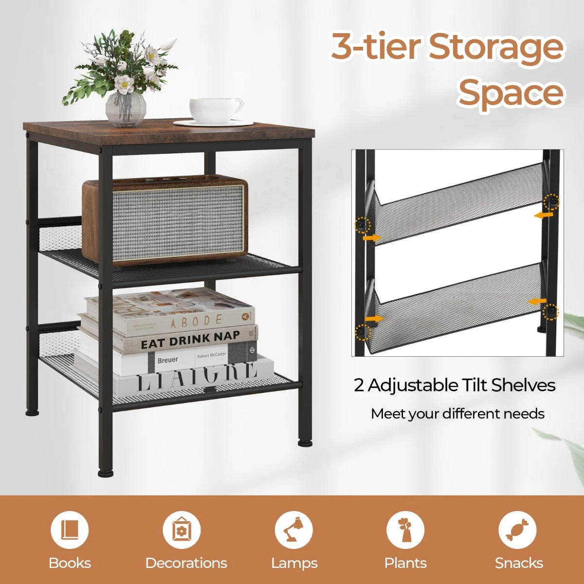 3-Tier Industrial End Table with Mesh Shelves and Adjustable Shelves