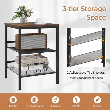 3-Tier Industrial End Table with Mesh Shelves and Adjustable Shelves