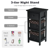 Wooden Morden Nightstand with 2 Wicker Rattan Drawers-Black