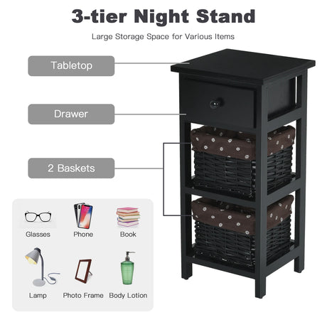 Wooden Morden Nightstand with 2 Wicker Rattan Drawers-Black