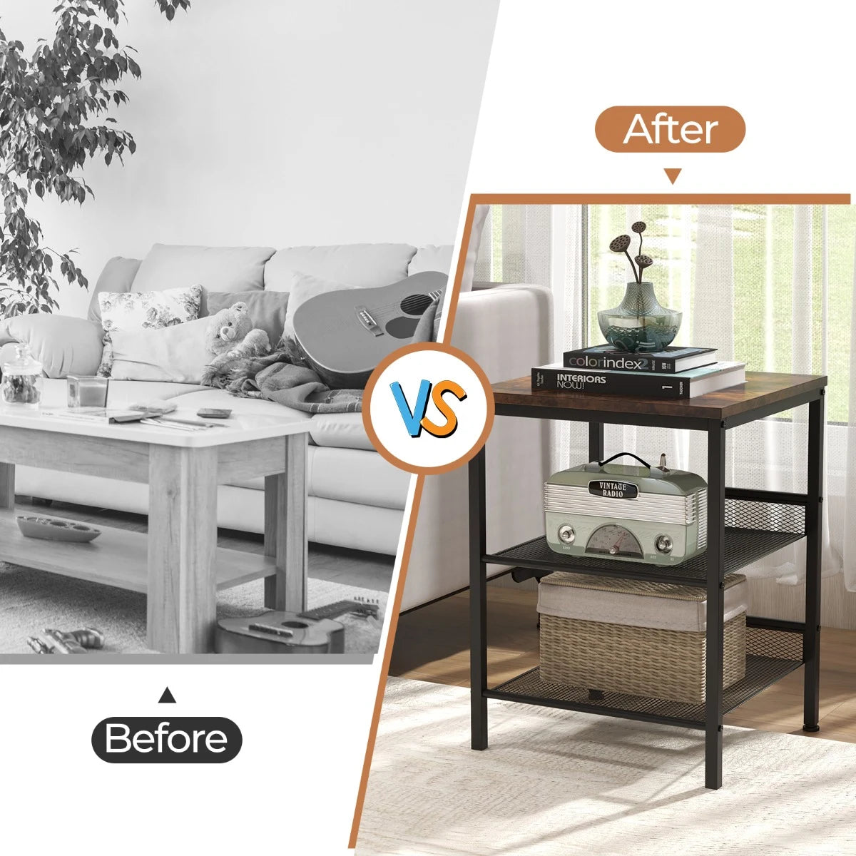 3-Tier Industrial End Table with Mesh Shelves and Adjustable Shelves