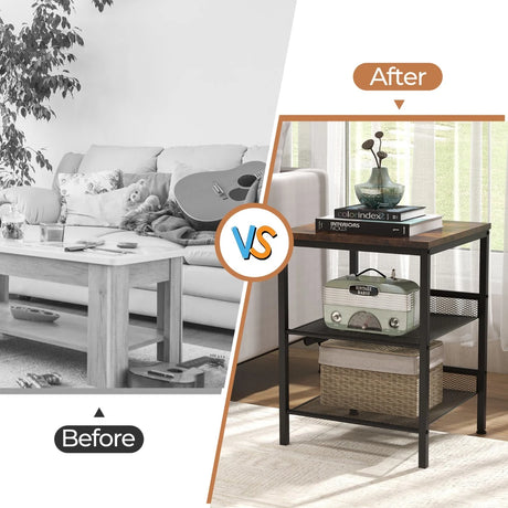 3-Tier Industrial End Table with Mesh Shelves and Adjustable Shelves