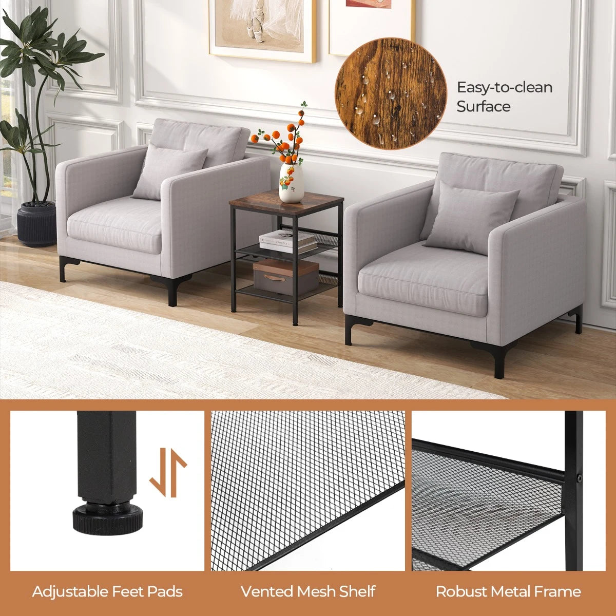 3-Tier Industrial End Table with Mesh Shelves and Adjustable Shelves