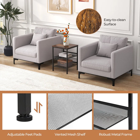 3-Tier Industrial End Table with Mesh Shelves and Adjustable Shelves