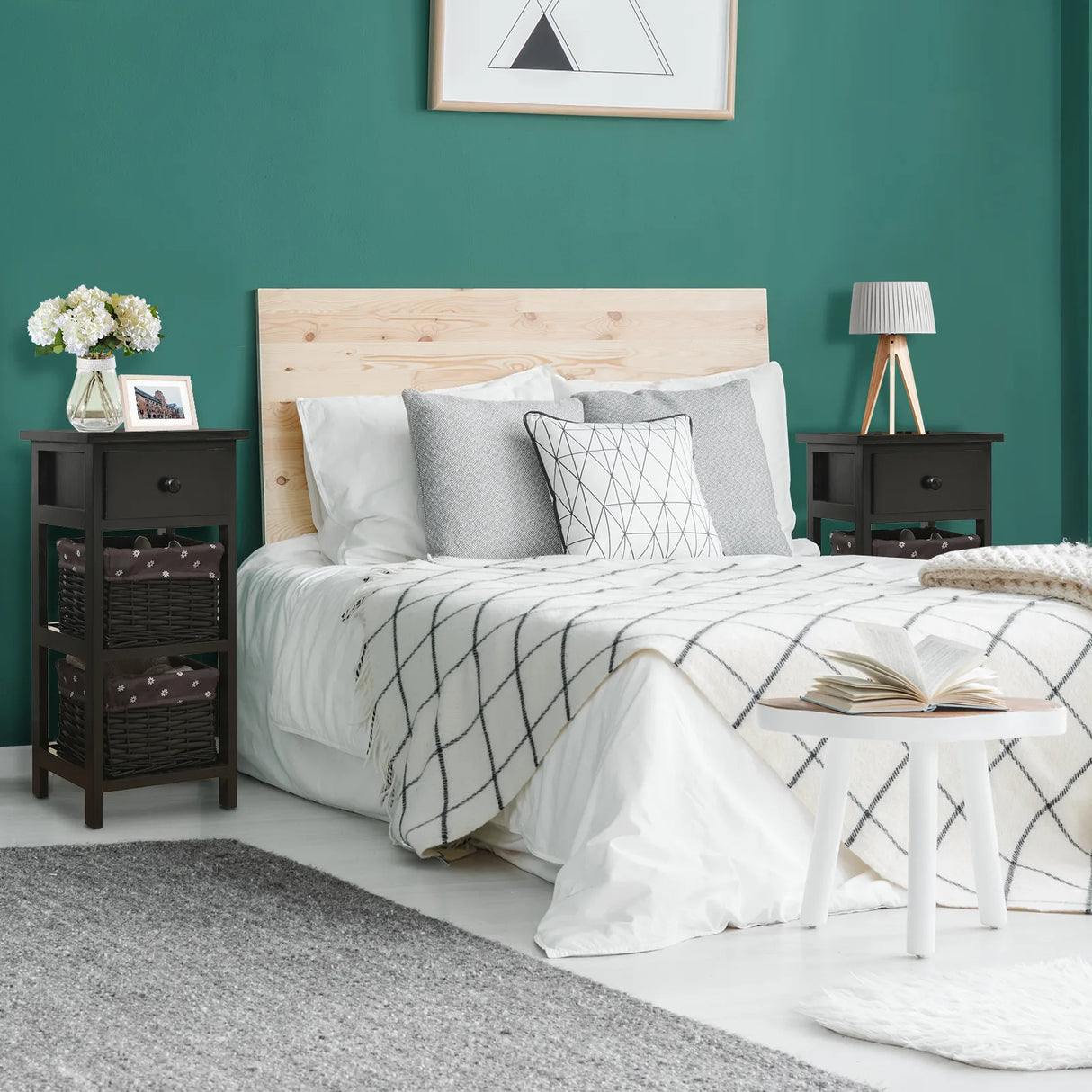 Wooden Morden Nightstand with 2 Wicker Rattan Drawers-Black