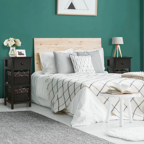 Wooden Morden Nightstand with 2 Wicker Rattan Drawers-Black
