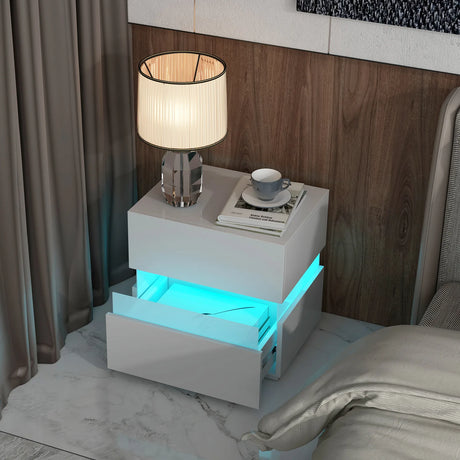 Bedside Table LED  Nightstand with 2 Drawers-White