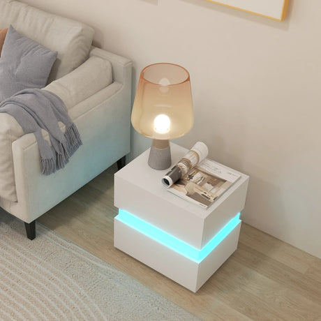 Bedside Table LED  Nightstand with 2 Drawers-White