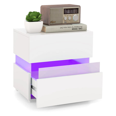 Bedside Table LED  Nightstand with 2 Drawers-White