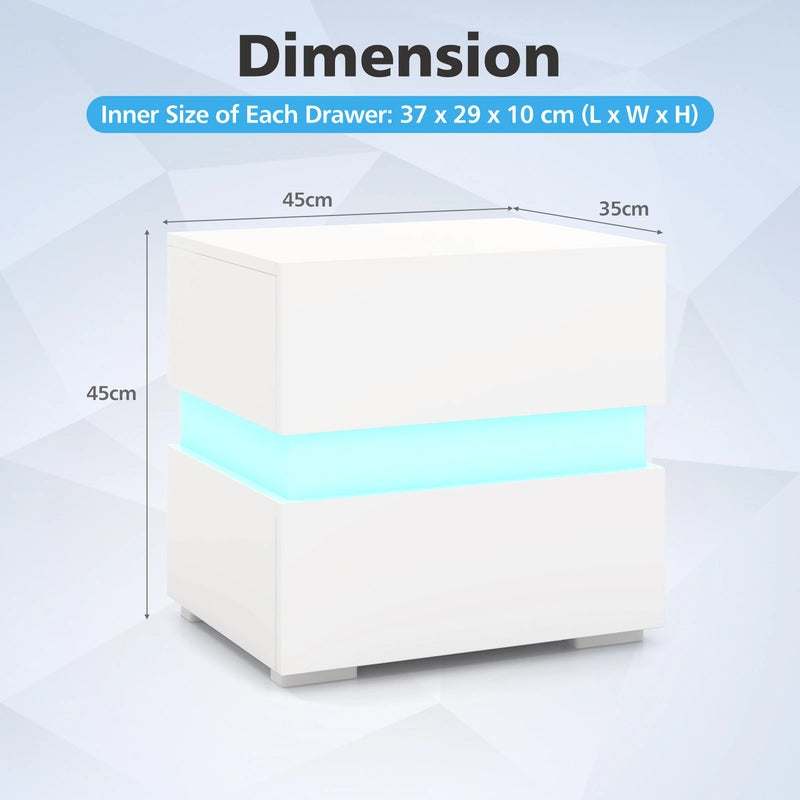 Bedside Table LED  Nightstand with 2 Drawers-White
