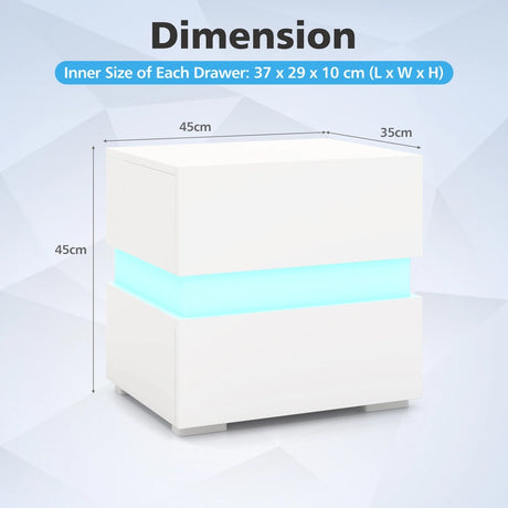 Bedside Table LED  Nightstand with 2 Drawers-White