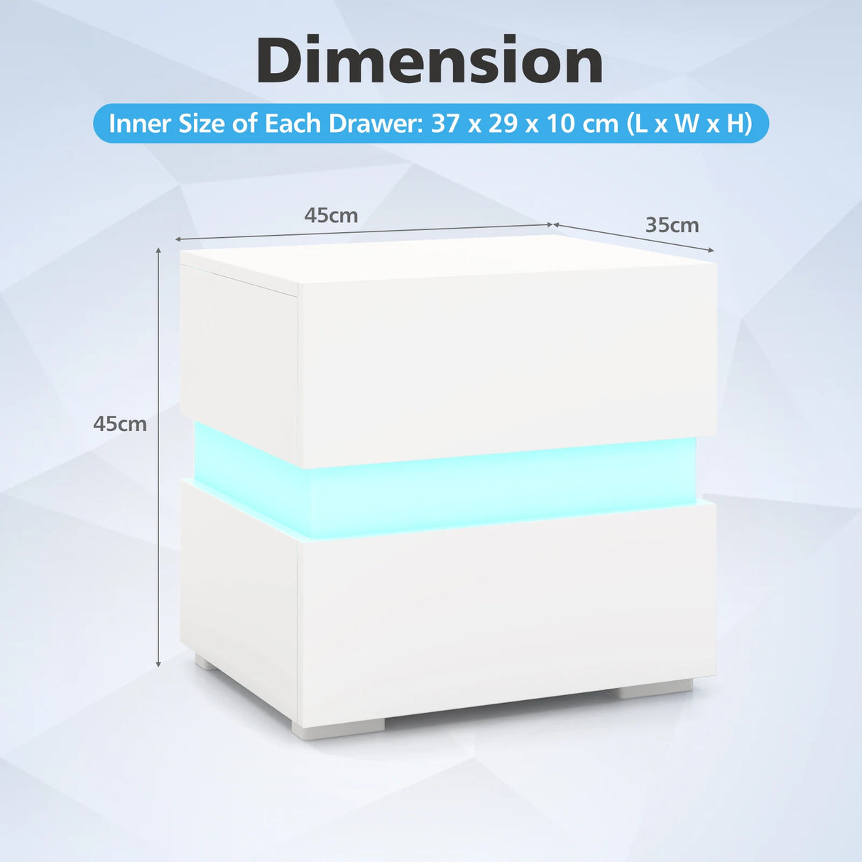 Bedside Table LED  Nightstand with 2 Drawers-White
