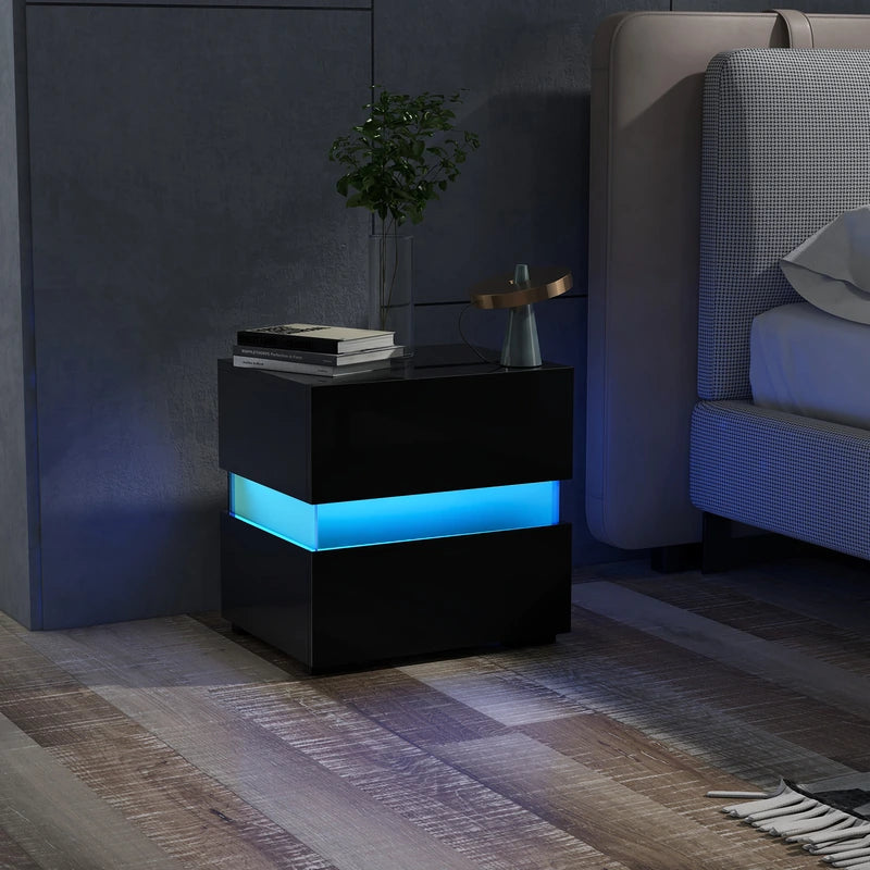 Bedside Table LED  Nightstand with 2 Drawers-Black