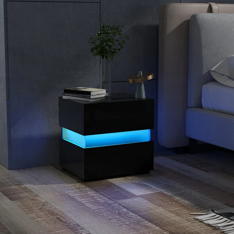 Bedside Table LED  Nightstand with 2 Drawers-Black