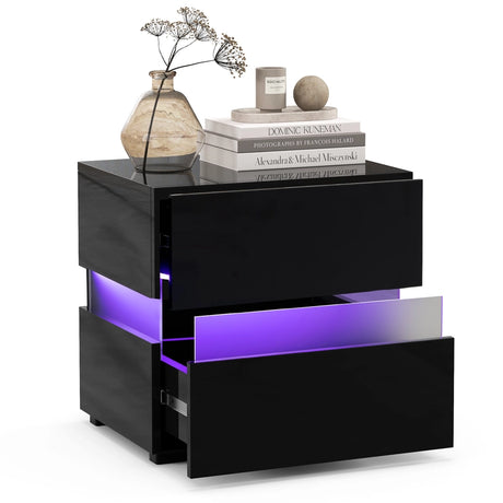 Bedside Table LED  Nightstand with 2 Drawers-Black