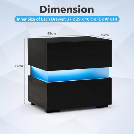 Bedside Table LED  Nightstand with 2 Drawers-Black