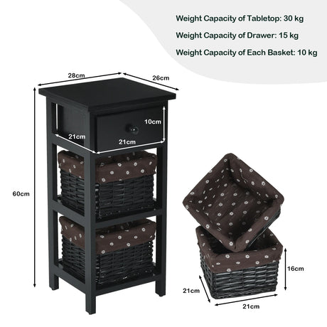 Wooden Morden Nightstand with 2 Wicker Rattan Drawers-Black