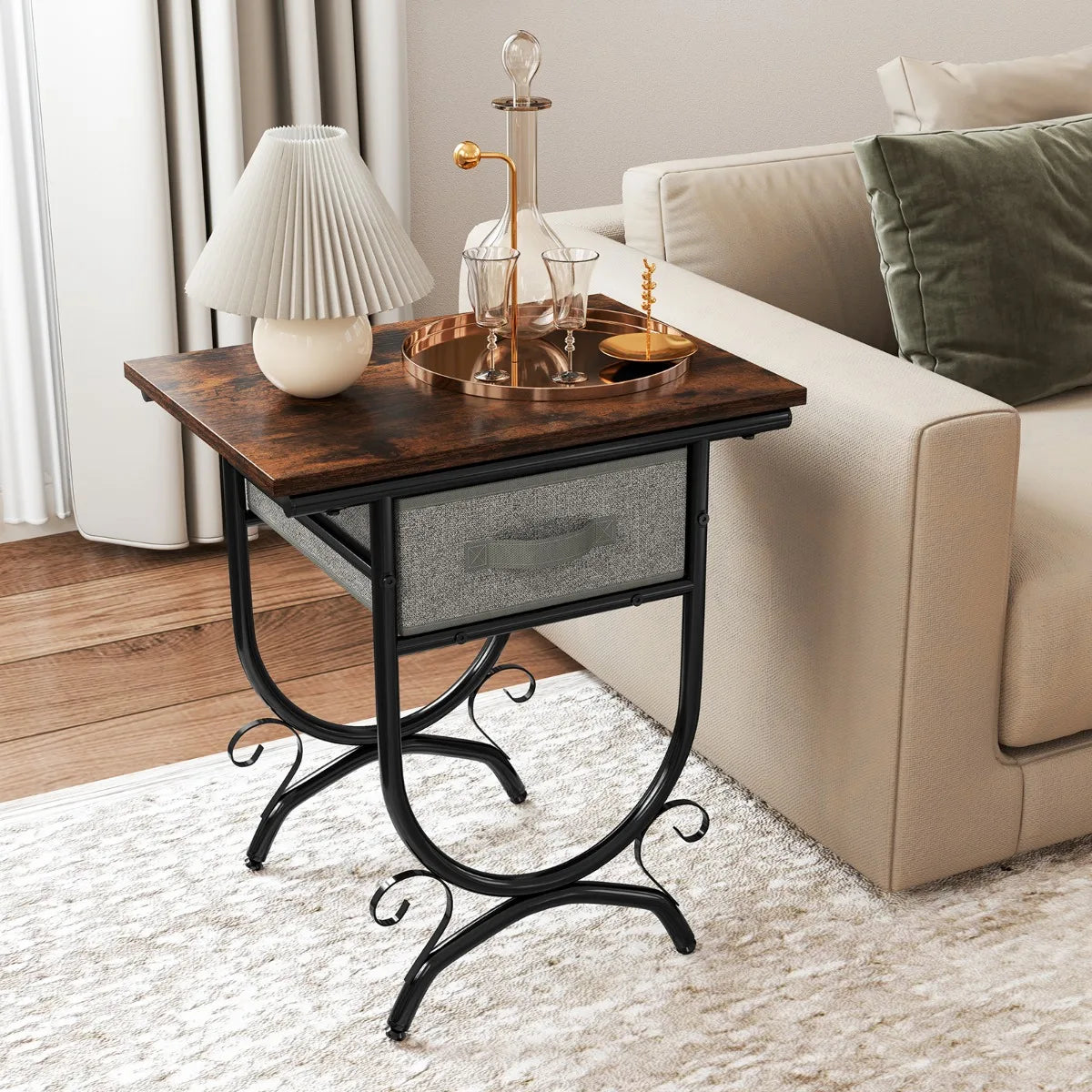 2-Tier Industrial Bedside Table with Fabric Drawer and Wood Top