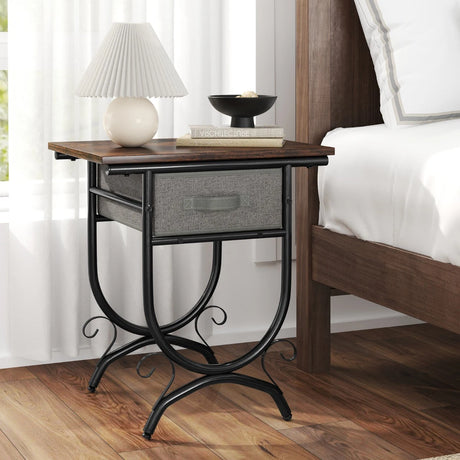 2-Tier Industrial Bedside Table with Fabric Drawer and Wood Top