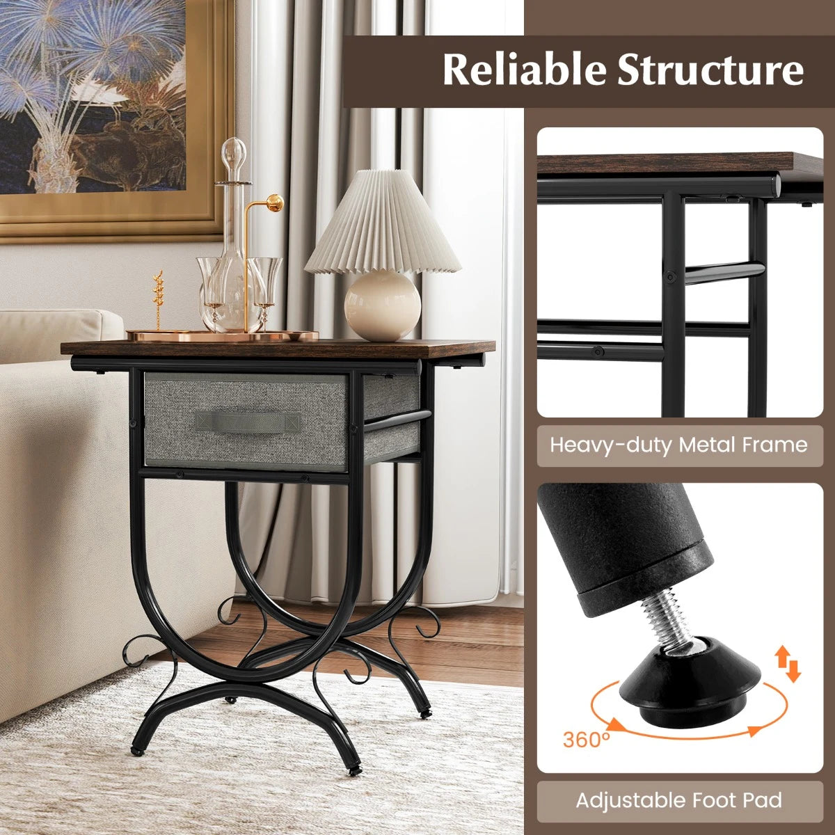 2-Tier Industrial Bedside Table with Fabric Drawer and Wood Top