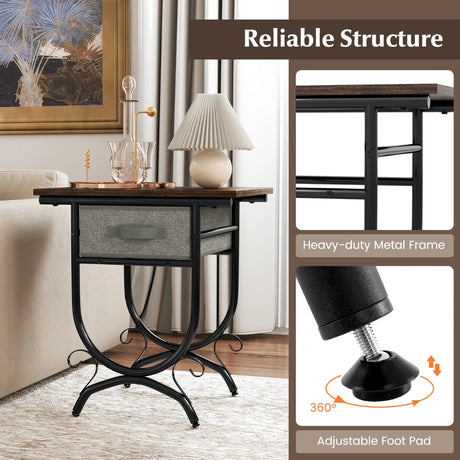 2-Tier Industrial Bedside Table with Fabric Drawer and Wood Top