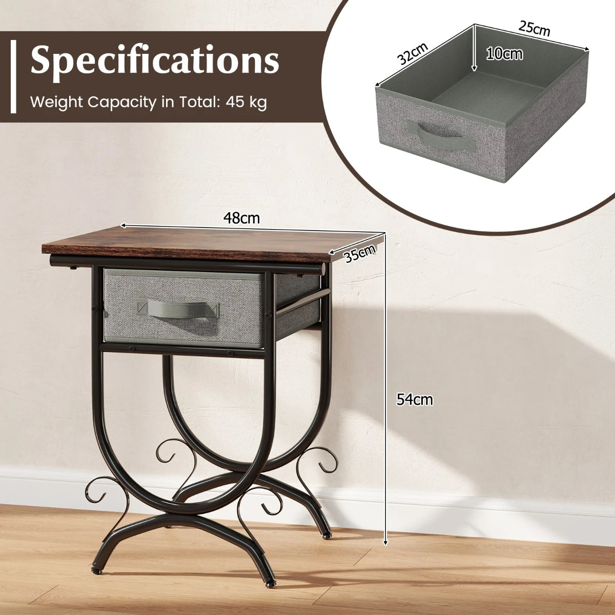 2-Tier Industrial Bedside Table with Fabric Drawer and Wood Top