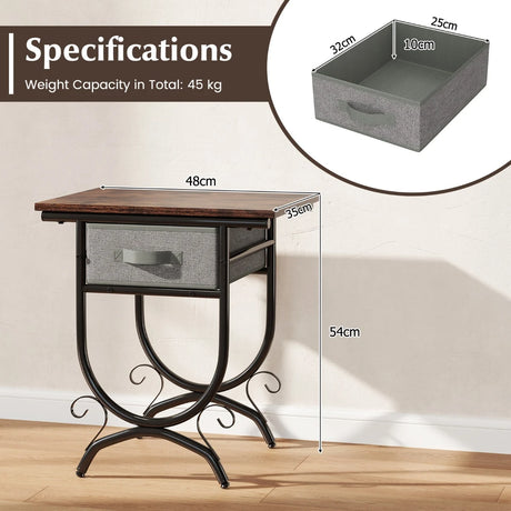 2-Tier Industrial Bedside Table with Fabric Drawer and Wood Top