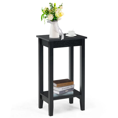 2-Tier Nightstand End Side Wooden Legs Table for Bedroom-Black