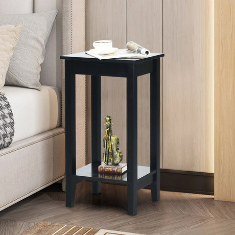 2-Tier Nightstand End Side Wooden Legs Table for Bedroom-Black