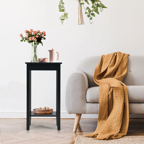 2-Tier Nightstand End Side Wooden Legs Table for Bedroom-Black