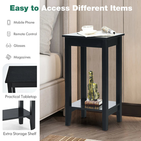 2-Tier Nightstand End Side Wooden Legs Table for Bedroom-Black
