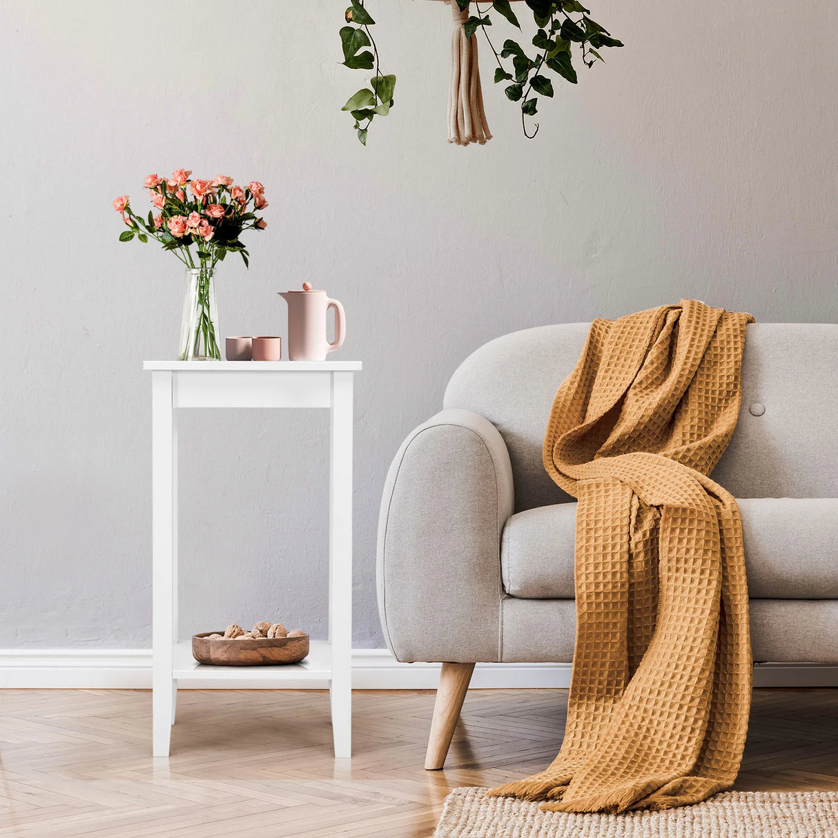 Narrow Sofa Side Table with Storage Shelf for Living Room