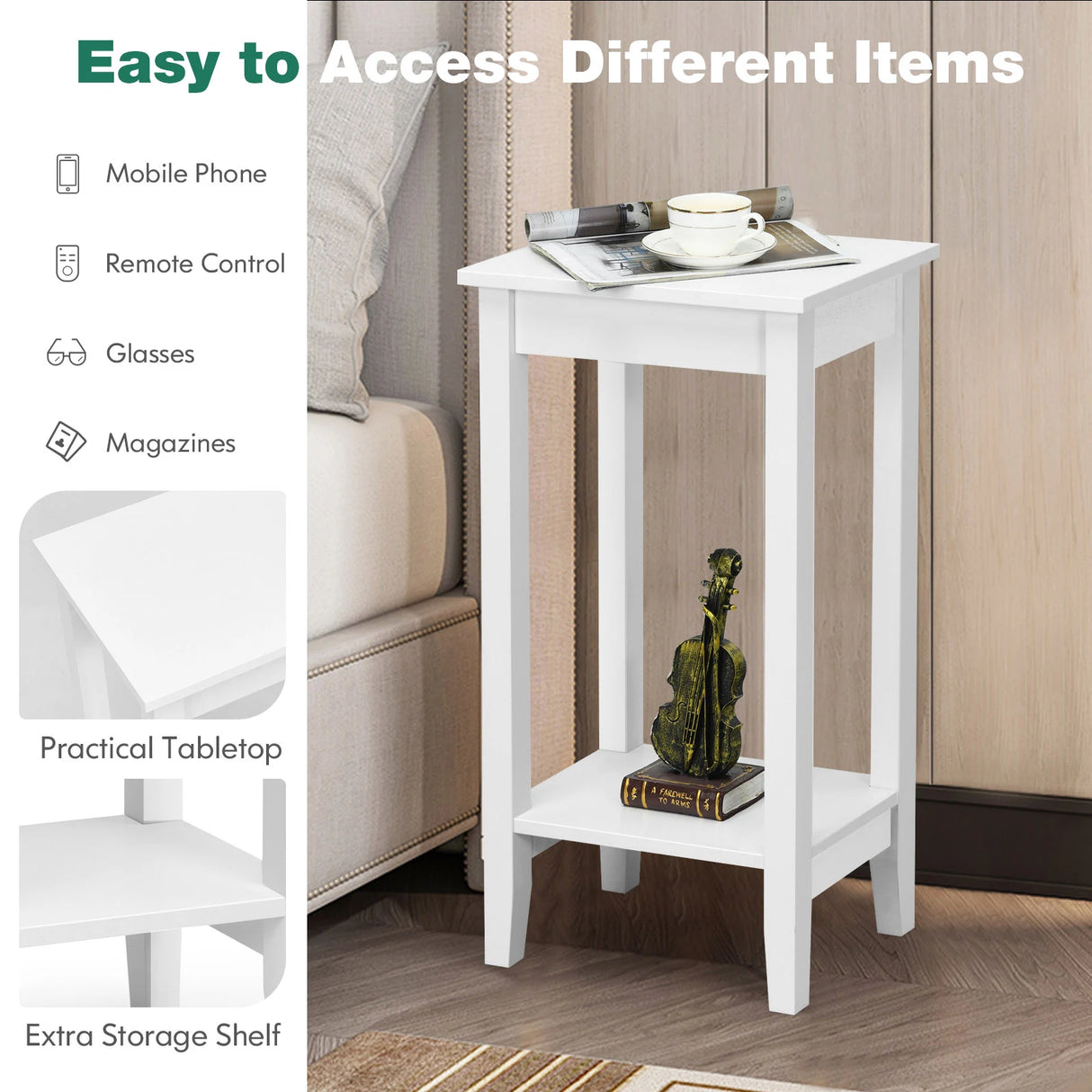 Narrow Sofa Side Table with Storage Shelf for Living Room
