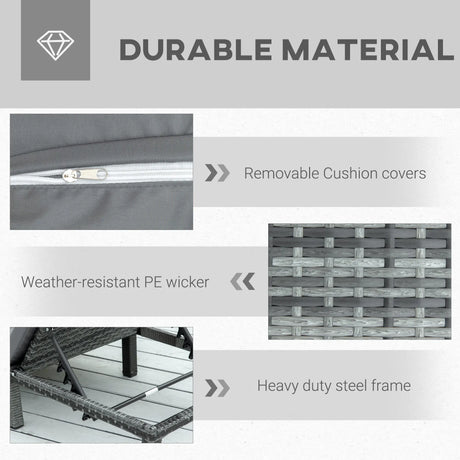 Outsunny Rattan Sun Lounger, 5-Level Adjustable Garden Lounger Recliner with Cushion and Headrest, Outdoor Reclining Sunbed, Steel Frame Garden Chair for Patio, Beach, Terrace, Dark Grey