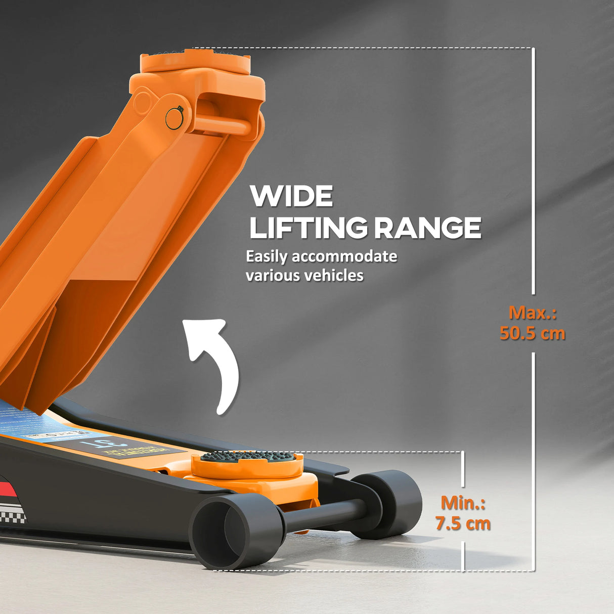 HOMCOM 3 Ton Hydraulic Low-Profile Floor Jack, with 7.5-50.5cm Lifting Range, Wheels, Orange
