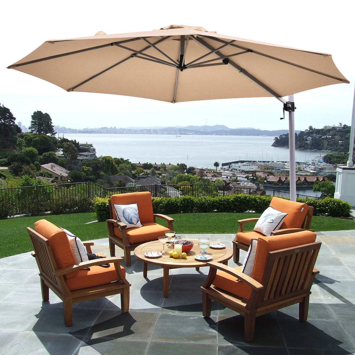 Round Cantilever Umbrella with Heavy-Duty Aluminum Pole for Garden-Beige