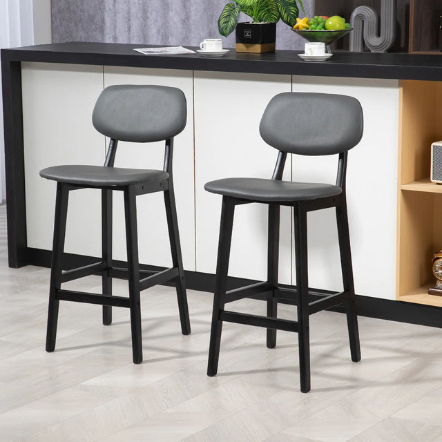 HOMCOM Bar Stools Set of 2, Breakfast Bar Chairs, PU Leather Upholstered Kitchen Stools with Backs, Footrests and Solid Wood Legs, Dark Grey