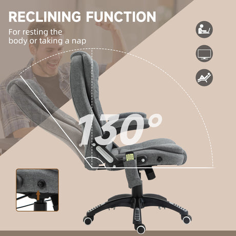 Vinsetto Massage Recliner Chair Heated Office Chair with Six Massage Points Linen-Feel Fabric 360 Swivel Wheels Grey