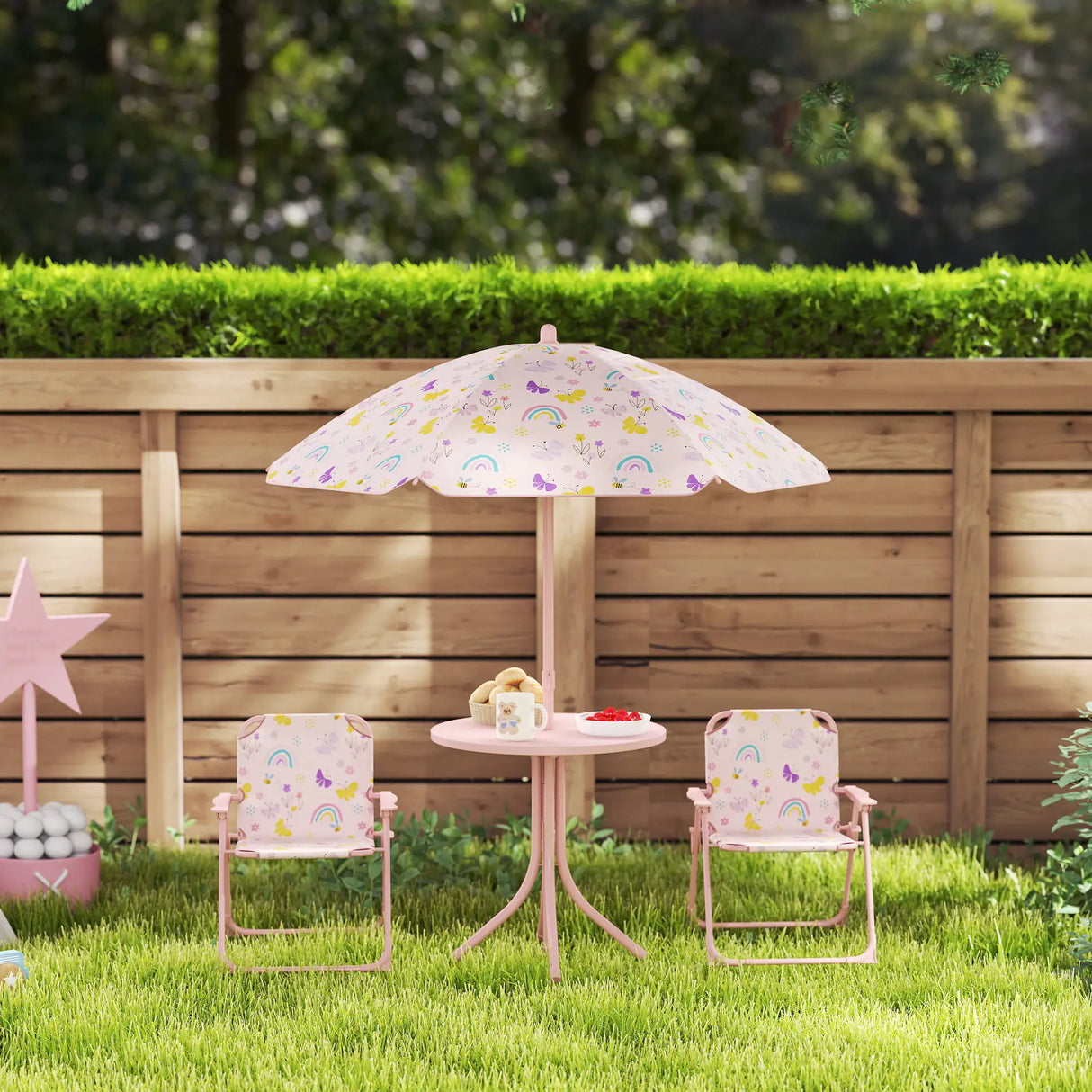 AIYAPLAY 4-Piece Kids Garden Table and Chair Set with Adjustable Parasol, Folding Chairs, Table, Rainbow Pattern, Pink
