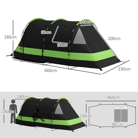 Outsunny Four Man, Two Room Blackout Tent, with Accessories - Black