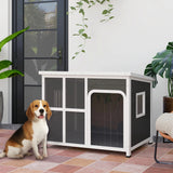 PawHut Wooden Outdoor Dog House, with Asphalt Openable Top, Removable Floor, Clear Front Panel, Curtain, 103 x 77 x 83cm