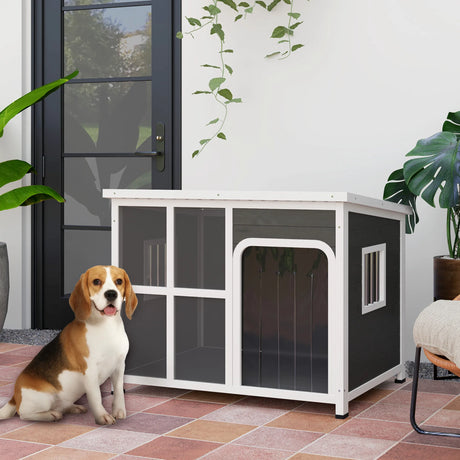 PawHut Wooden Outdoor Dog House, with Asphalt Openable Top, Removable Floor, Clear Front Panel, Curtain, 103 x 77 x 83cm