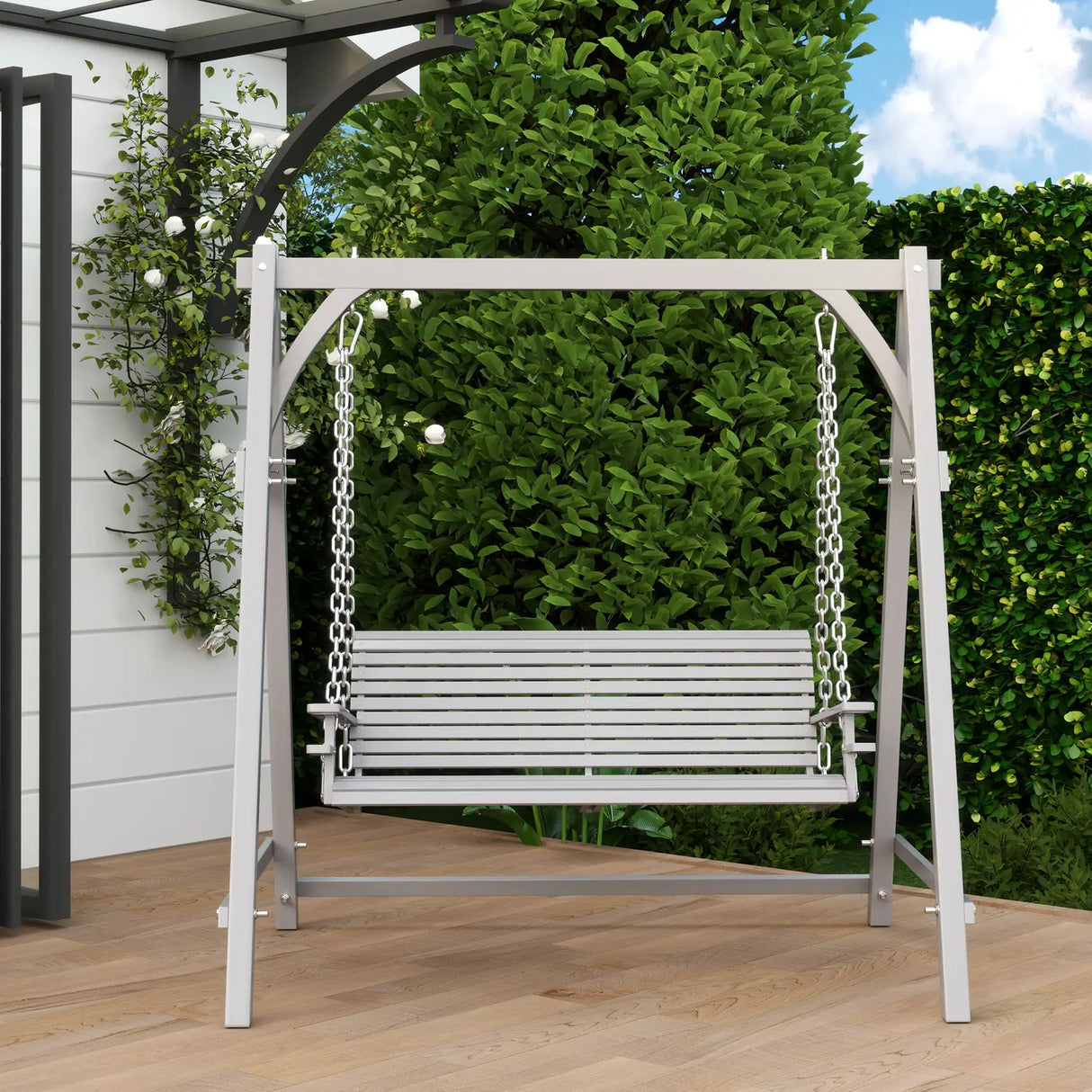 Outsunny 2 Seater Garden Swing Seat, Wooden Swing Chair Bench with Cup Holders for Outdoor Porch Patio, Grey