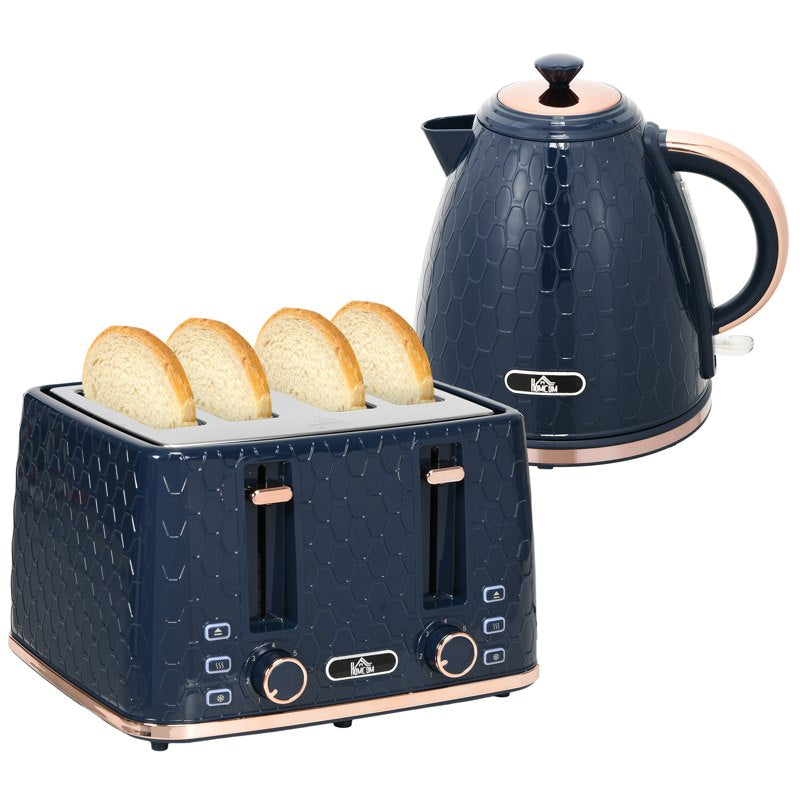 HOMCOM Kettle and Toaster Set, 1.7L 3000W Fast Boil Jug Kettle with Auto Shut Off, 4 Slice Toaster with 7 Level Browning Controls & Crumb Tray, Blue