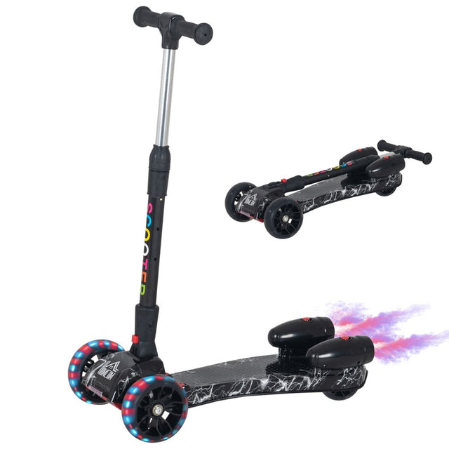 HOMCOM Kids 3 Wheel Plastic Scooter Adjustable Height w/ Engine-Look Water Spray Black