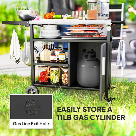 Outsunny Outdoor BBQ Trolley with Foldable Side Table, Stainless Steel Top, Outdoor Kitchen with Wheels Hooks Shelves Cabinet, Pizza Oven Table Movable Barbecue Grill Dining Cart with Cover, Black