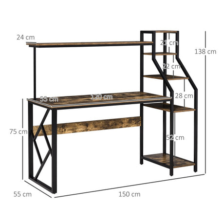 HOMCOM Computer Desk with Bookshelf, Industrial Writing Table with 6 Tier Storage Shelves for Home Office, Bedroom, Study, 150 x 55 x 138cm, Rustic Brown