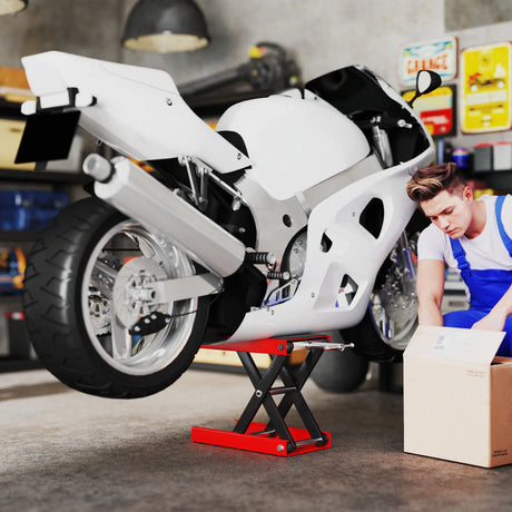 DURHAND 500KG Motorcycle Lift Scissor Jack, Height Adjustable Motorbike Stand with Anti-Slip Wide Deck, Heavy Duty Steel Motorbike Repair Lift Hoist Stand for Home Garage, Red