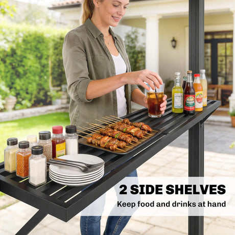 Outsunny 2.5 x 1.5 m Hardtop Grill Gazebo with Double Roof, Aluminium Outdoor BBQ Gazebo Shelter with 2 Side Shelves, Brown